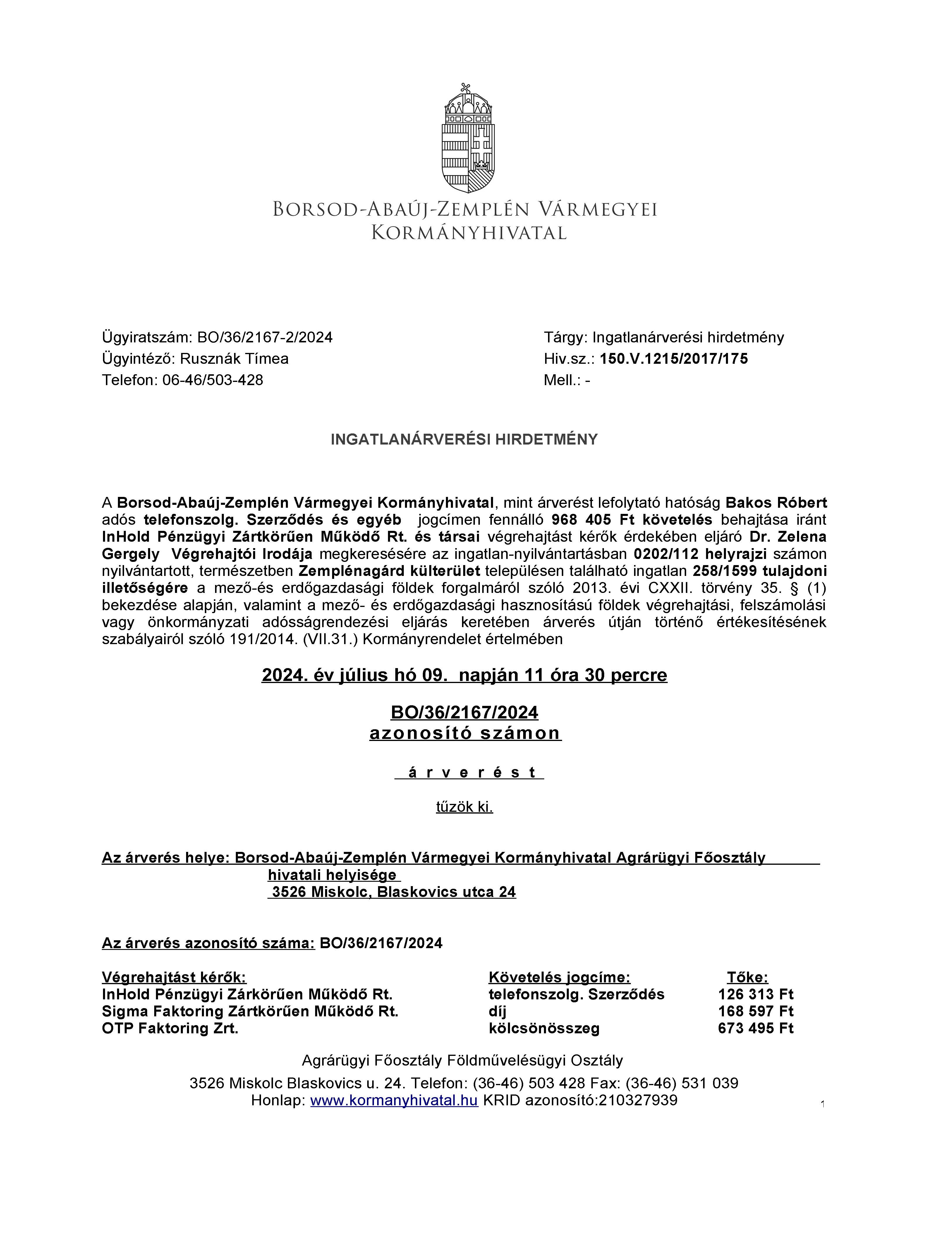 BO 36 2167 2 2024 hirdetmeny Oldal 1